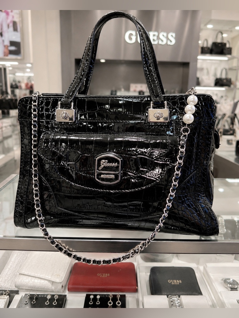Guess Black Croc-Embossed 
Shoulder Bag w/ Silver hardware
& crossbody strap EUC